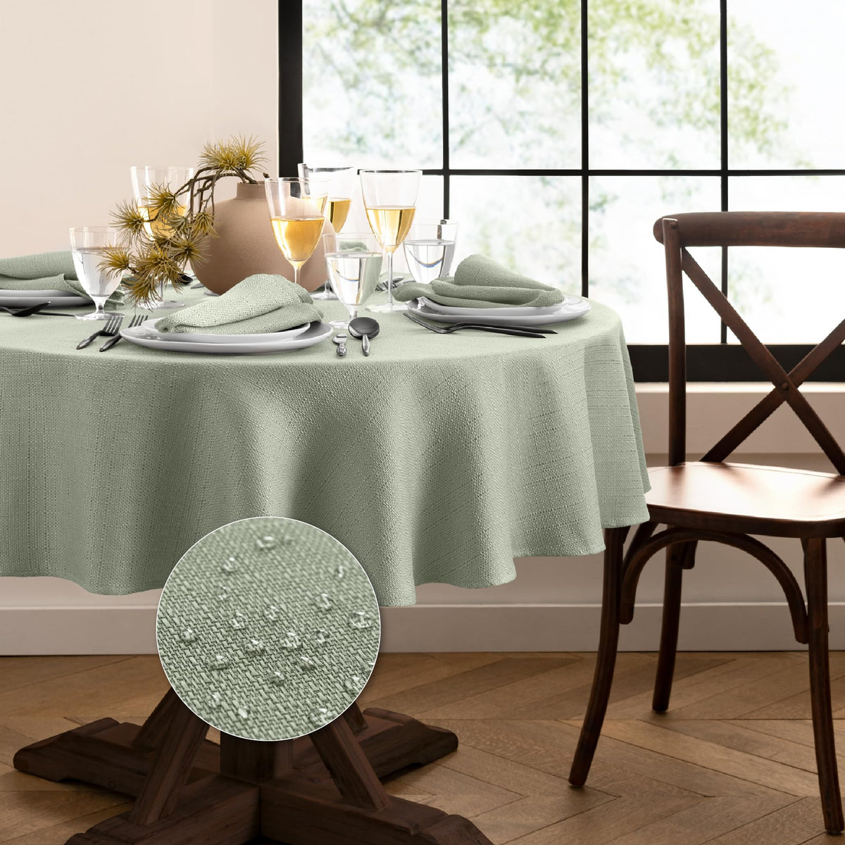 Elrene Home Fashions Laurel Solid Texture Water and Stain Resistant Tablecloth, 90" Round, Gray