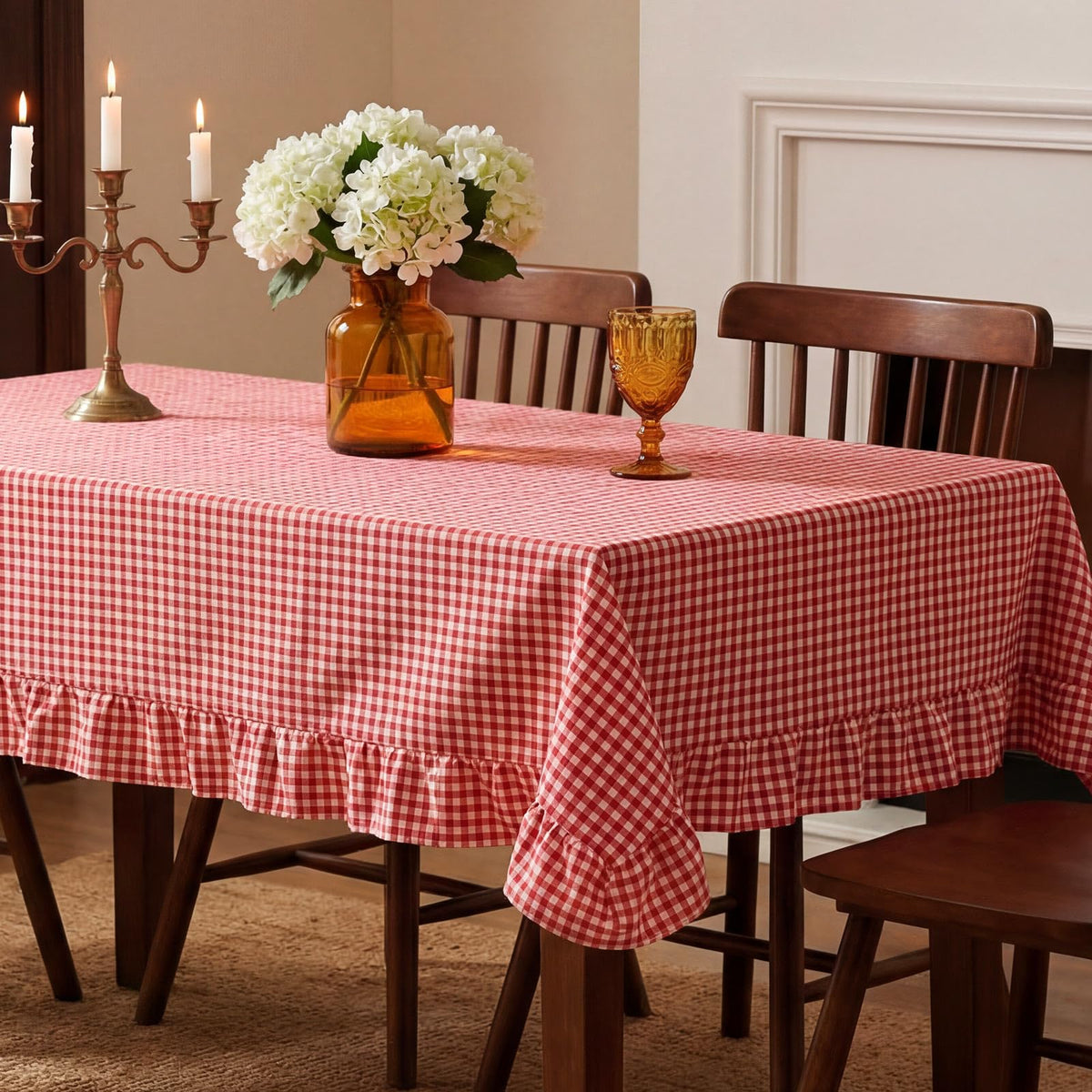 Mindsoft Brown Ruffled Gingham Tablecloth, 52 x 70 Inches, Rectangle