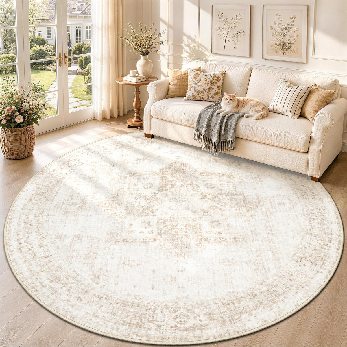 Area Rug 8x10 Washable Rug, Vintage Boho Medallion Rugs Non-Slip Soft Low Pile Large Distressed Rug Indoor Retro Carpet for Living Room Bedroom Dining Room Office Children's Room(Beige, 8'x10')