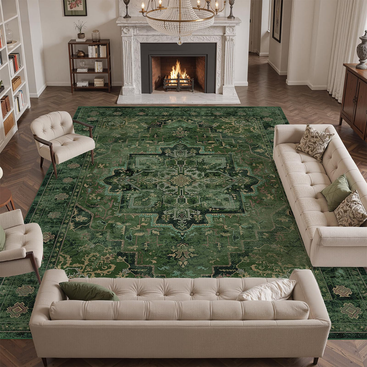 Vintage Dark Green Area Rugs 5x7 for Living Room, Tranditional Distressed Medallion Printed Low Pile Thin Rugs for Bedroom, Non Slip Washable Carpet Rugs for Dining Room/Kitchen/Home Office