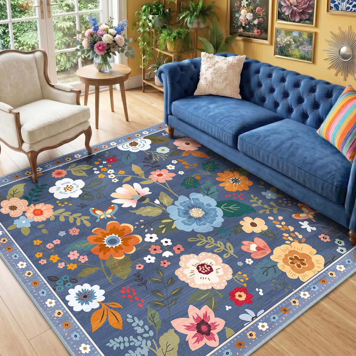 RELEANY Floral Washable 5x7 Area Rugs Black