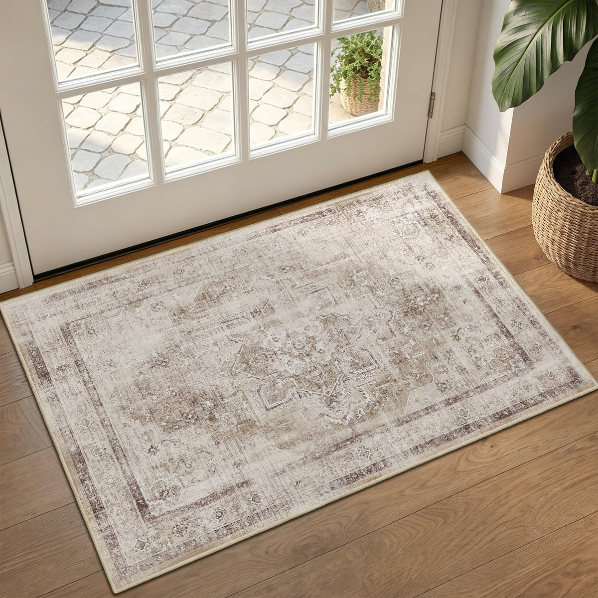 Vintage Dark Green Area Rugs 5x7 for Living Room, Tranditional Distressed Medallion Printed Low Pile Thin Rugs for Bedroom, Non Slip Washable Carpet Rugs for Dining Room/Kitchen/Home Office