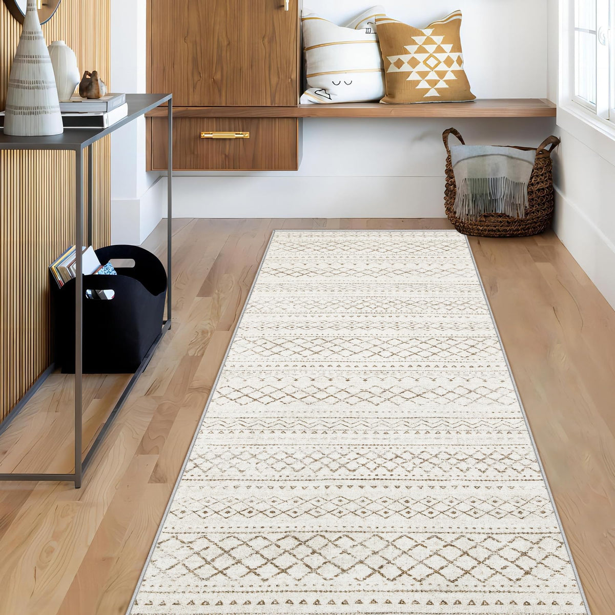 Area Rug for Living Room 6x9: Large Washable Boho Moroccan Rugs Geometric Neutral Rug, Non-Slip Foldable Morden Farmhouse Indoor Floor Carpet for Bedroom Dining Table Home(Brown Green,6'x9')