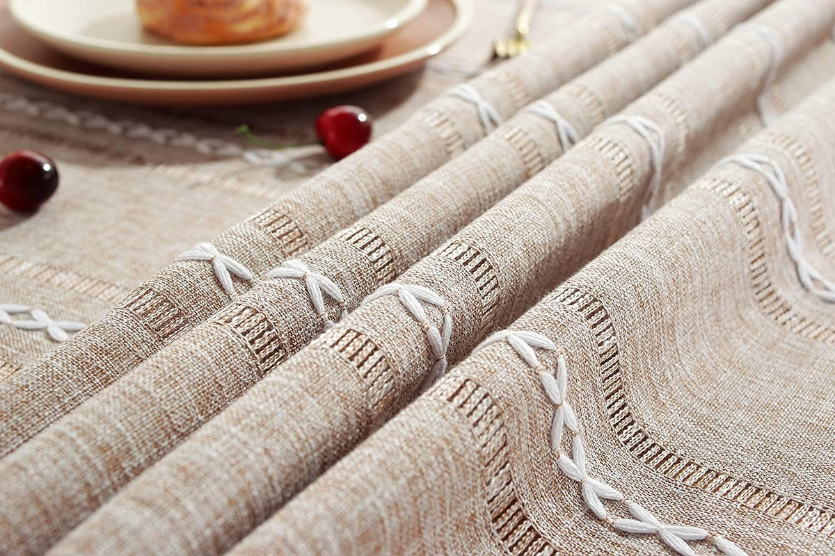 Chassic 60 x 84 inches Farmhouse Style Linen tablecloths, Wrinkle Resistant Washable Dining Room Table Cloths for Rectangle Tables - Hemstitch Light Coffee