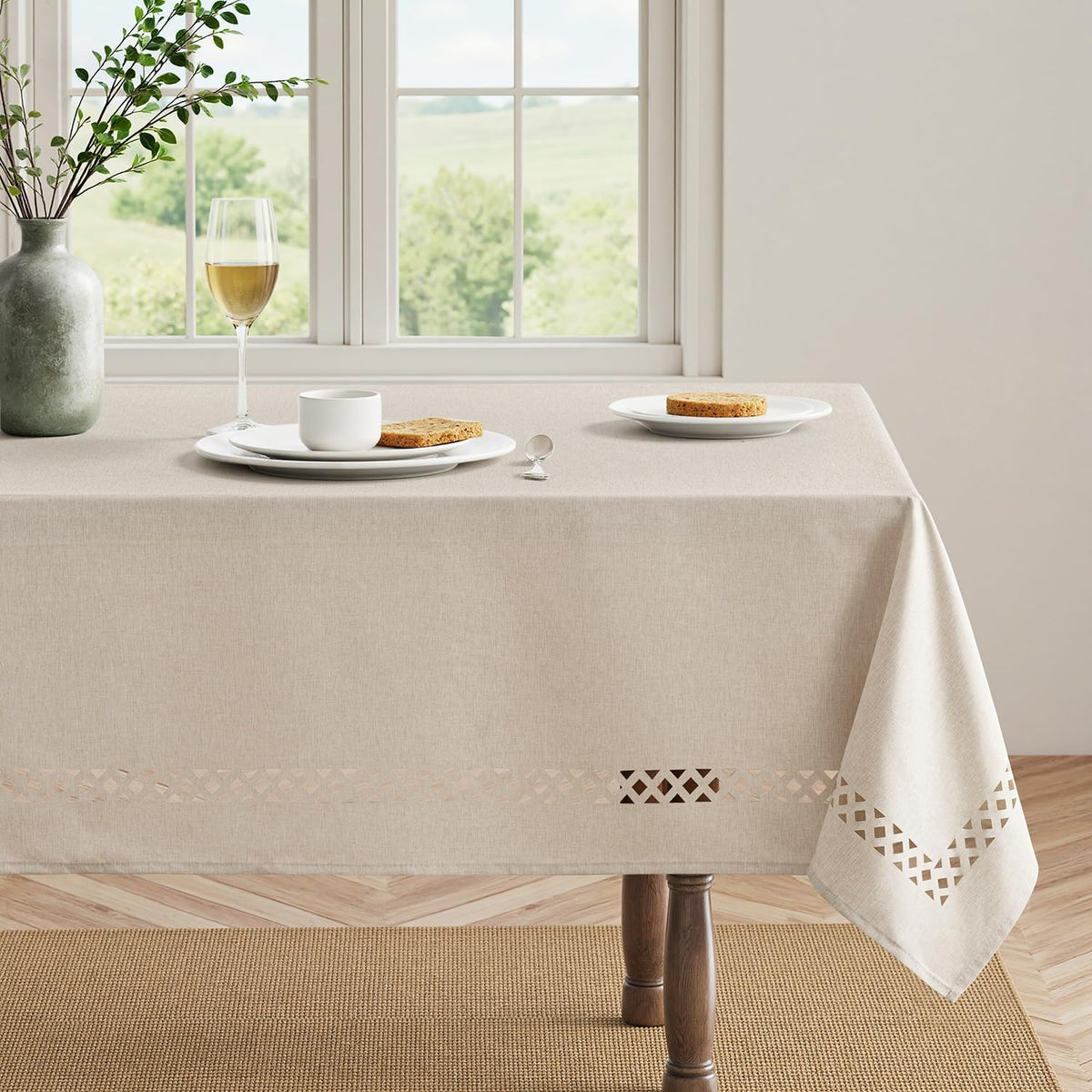 MIULEE Beige Rectangle Tablecloth with Decorative Cutouts 52x70 Inch