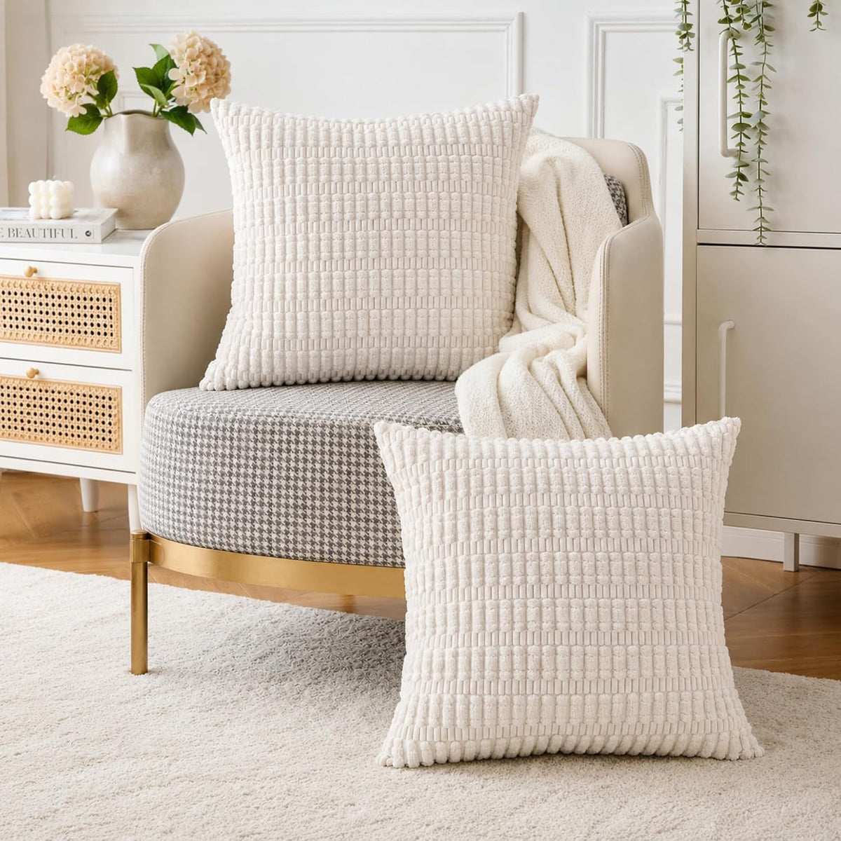 Pack of 2 Corduroy Decorative Throw Pillow Covers 18x18 Inch, Cream White