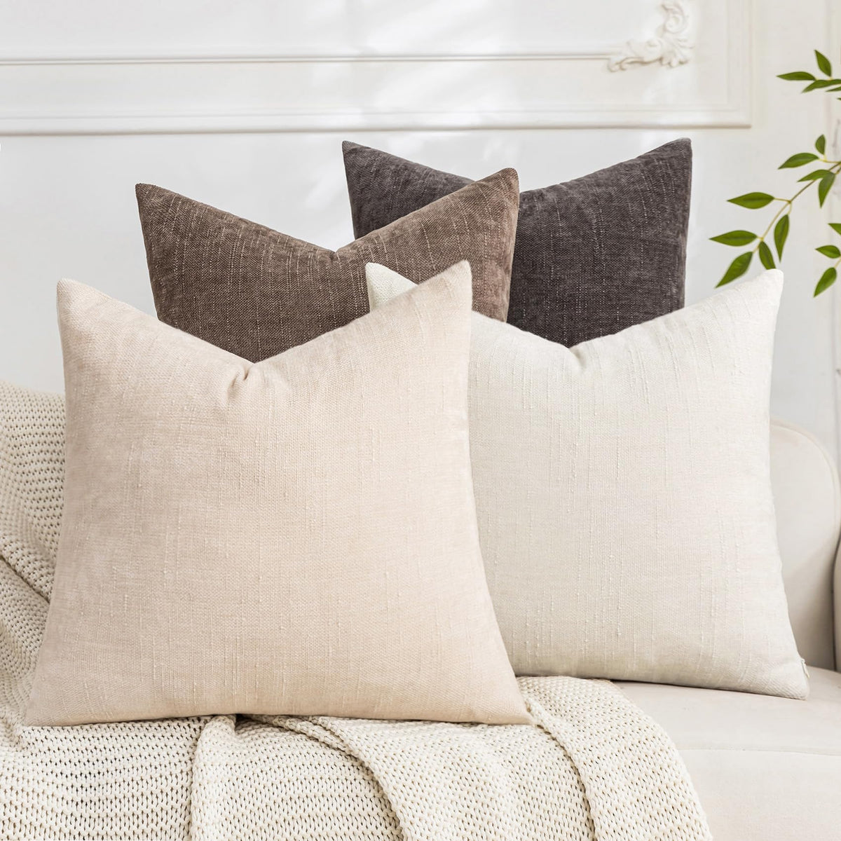 Set of 4 Soft Textured Throw Pillow Covers 18x18 Inch Cozy Decorative Farmhouse Cushion Cover Square Accent Pillow Cases for Bed Couch Sofa Living Room, Beige Taupe Brown
