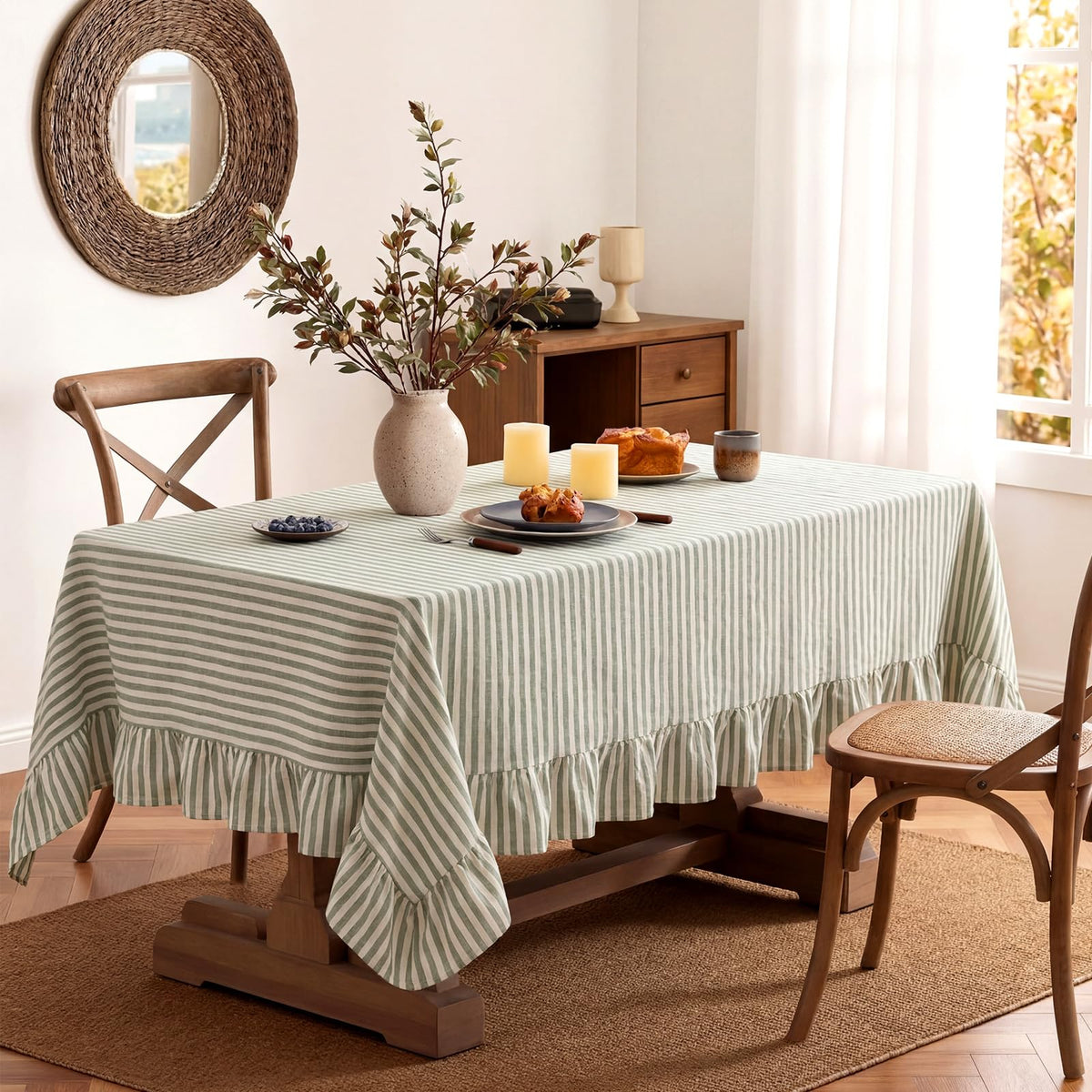 Boao Cotton Striped Tablecloth Rectangle 52" X 70" Beige White