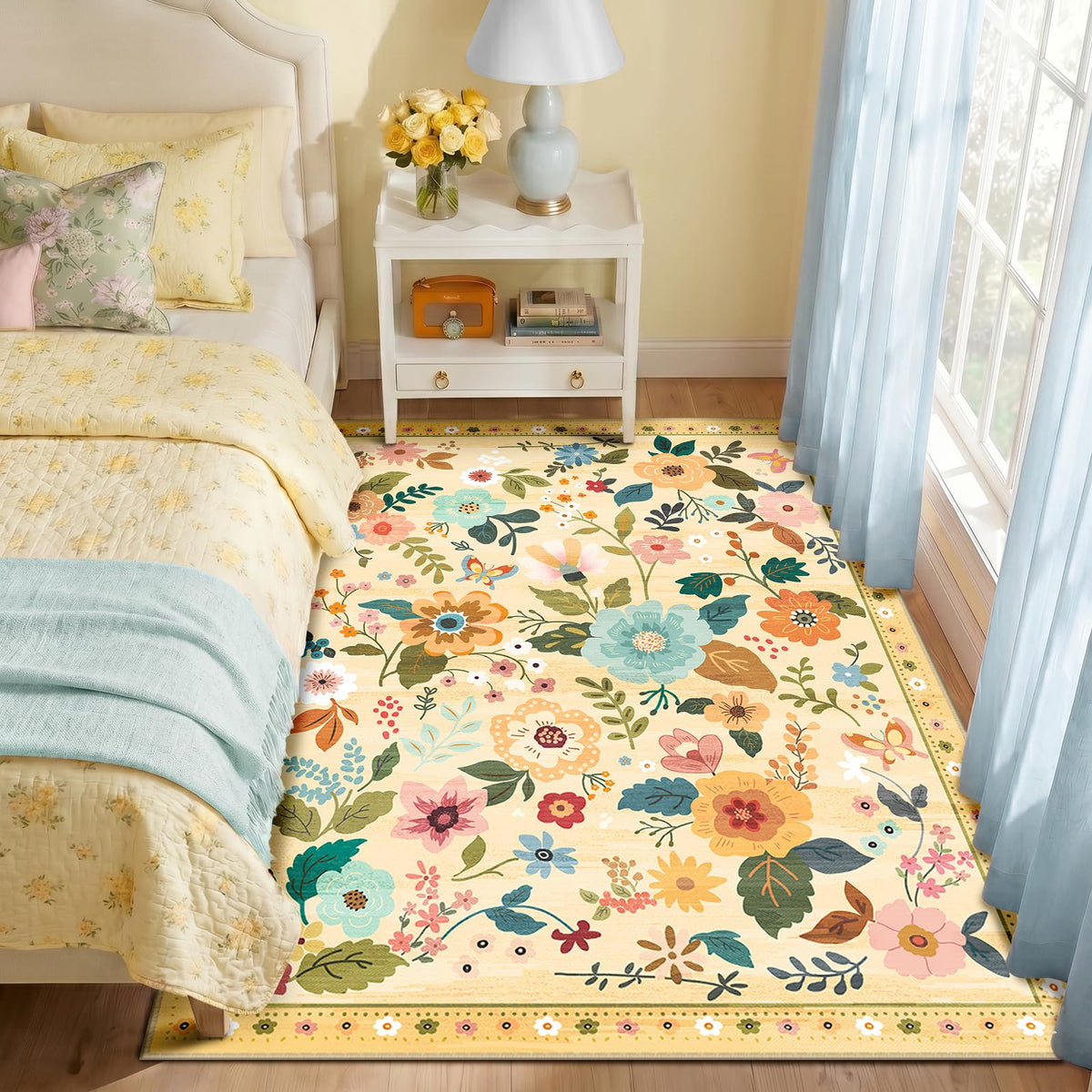RELEANY Floral Washable 5x7 Area Rugs Black