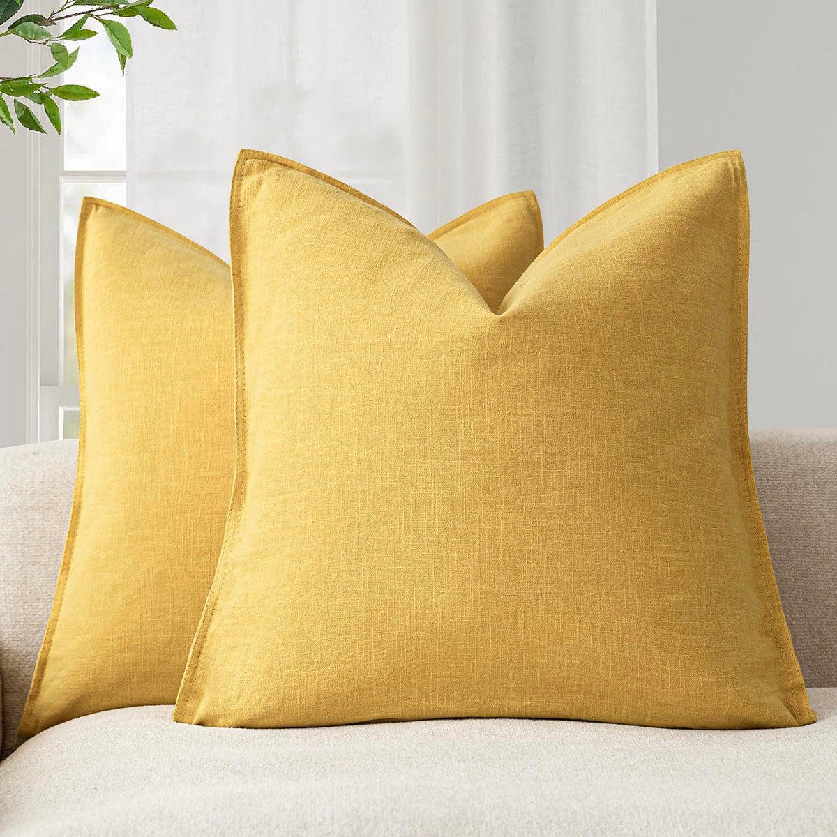 Foindtower Linen Solid Decorative Throw Pillow Covers 18x18 Natural Beige