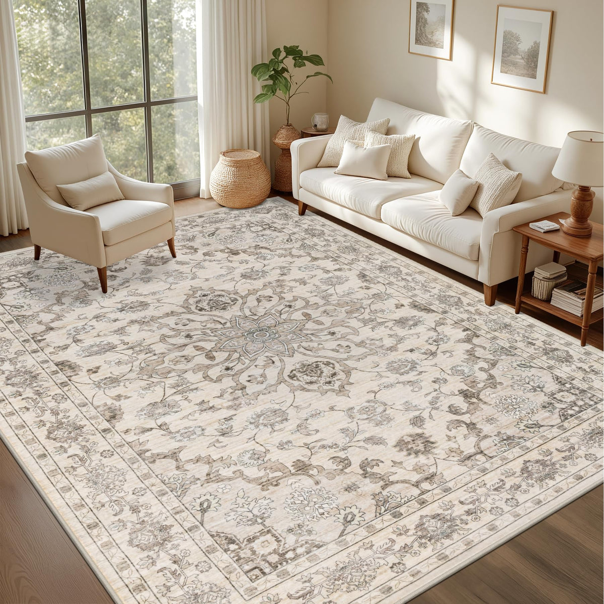 5x7 Area Rugs Living Room: Washable Vintage Rug for Bedroom Beige