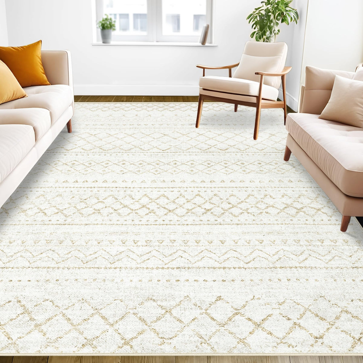 Area Rug for Living Room 6x9: Large Washable Boho Moroccan Rugs Geometric Neutral Rug, Non-Slip Foldable Morden Farmhouse Indoor Floor Carpet for Bedroom Dining Table Home(Brown Green,6'x9')