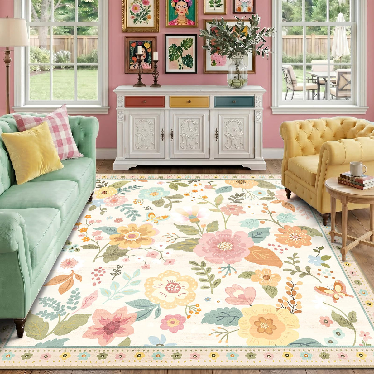 RELEANY Floral Washable 5x7 Area Rugs Black