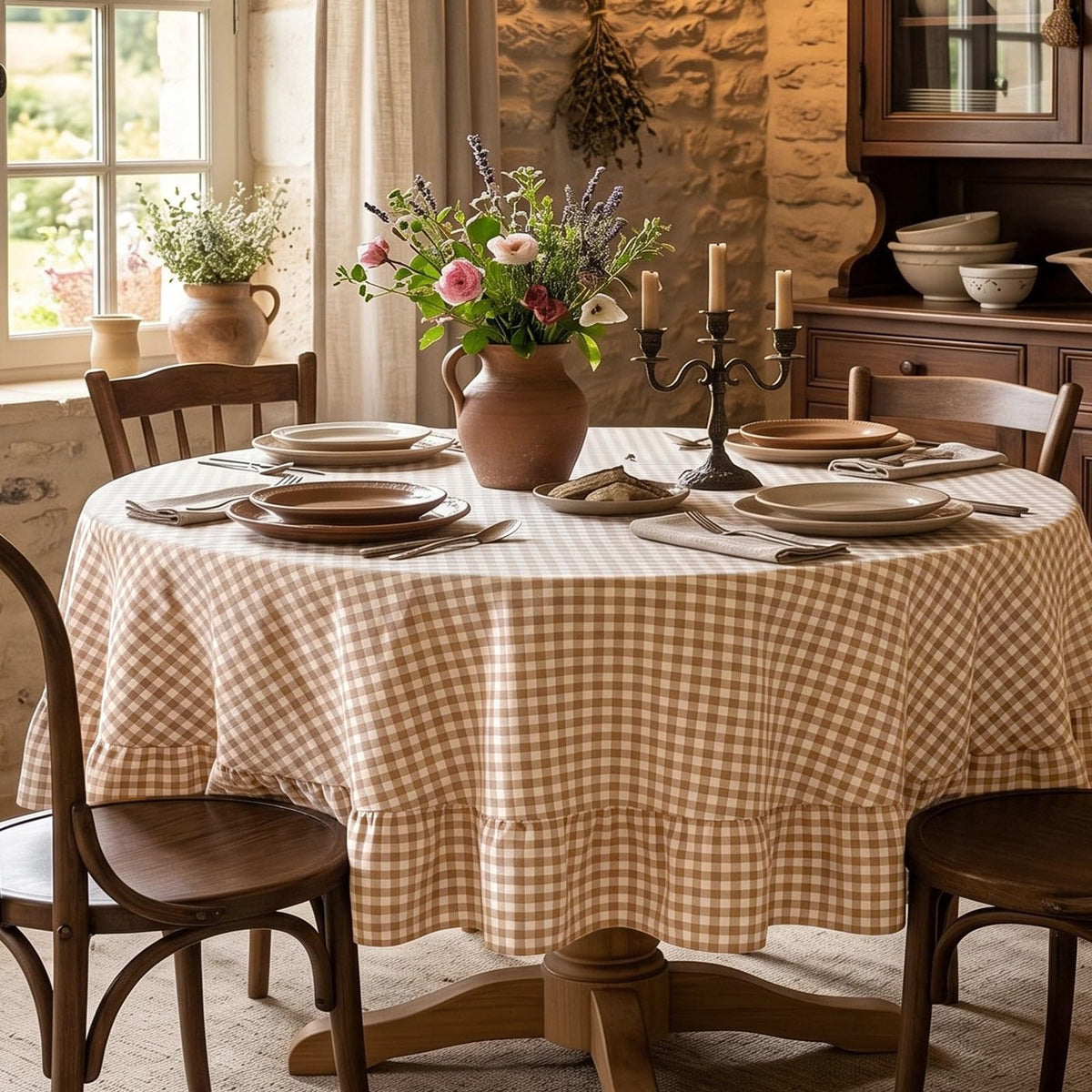 Mindsoft Brown Ruffled Gingham Tablecloth, 52 x 70 Inches, Rectangle