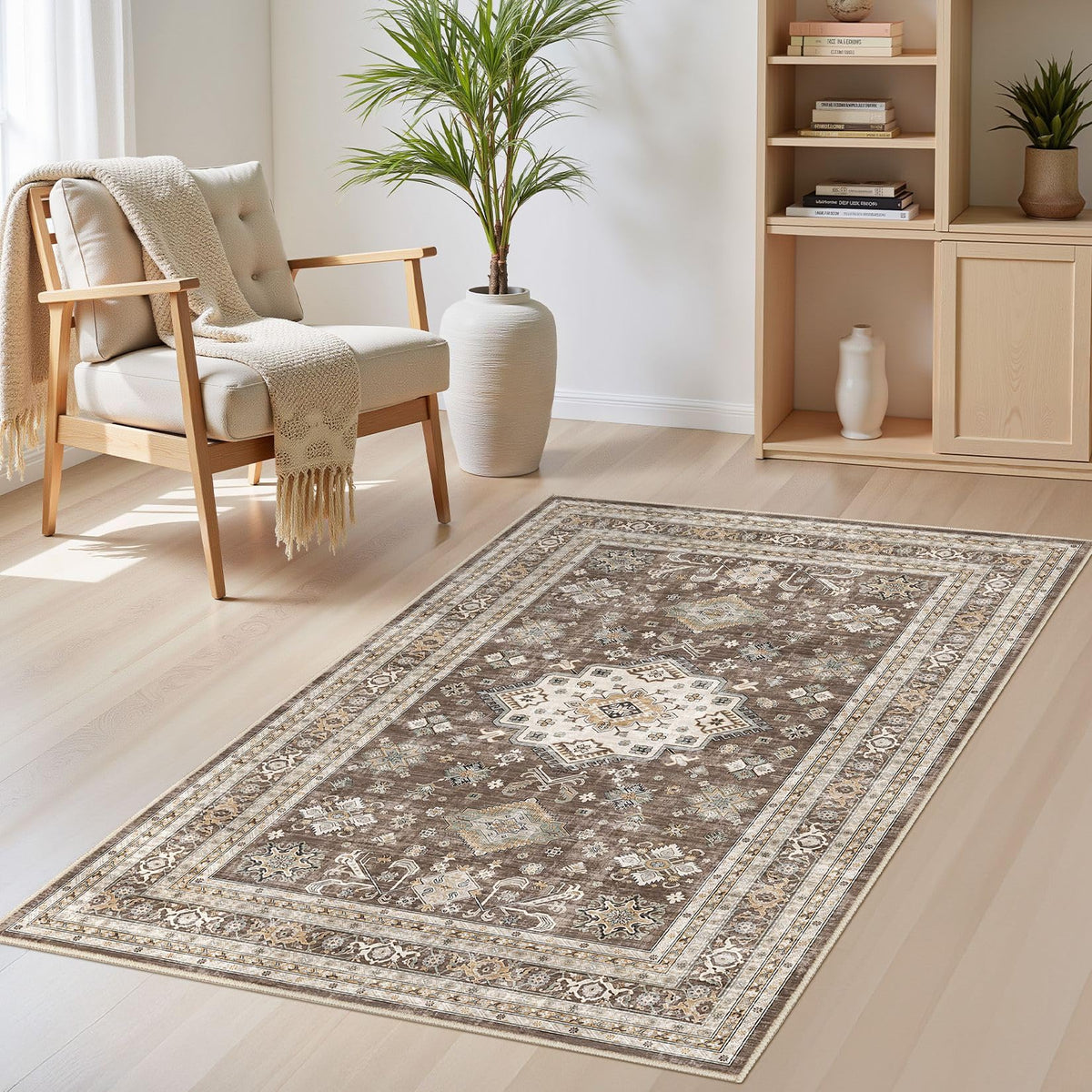 cotiled 5x7 Area Rug for Living Room, Washable, Traditional, Beige
