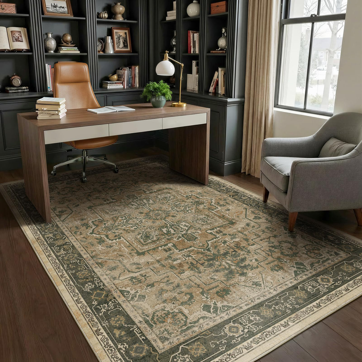 Vintage Dark Green Area Rugs 5x7 for Living Room, Tranditional Distressed Medallion Printed Low Pile Thin Rugs for Bedroom, Non Slip Washable Carpet Rugs for Dining Room/Kitchen/Home Office