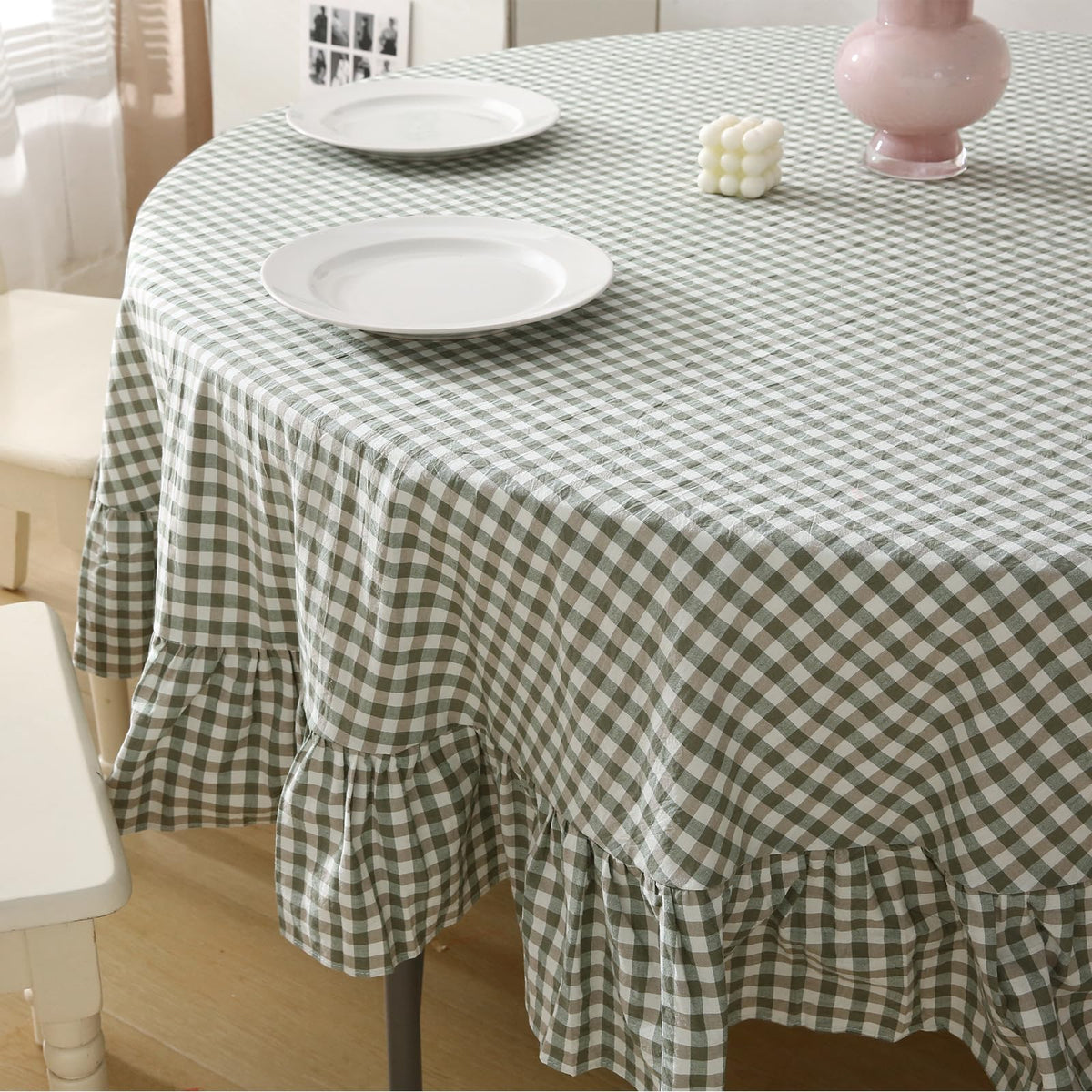 Blush White Gingham Ruffled Table Cloth Rectangular 120“x60”