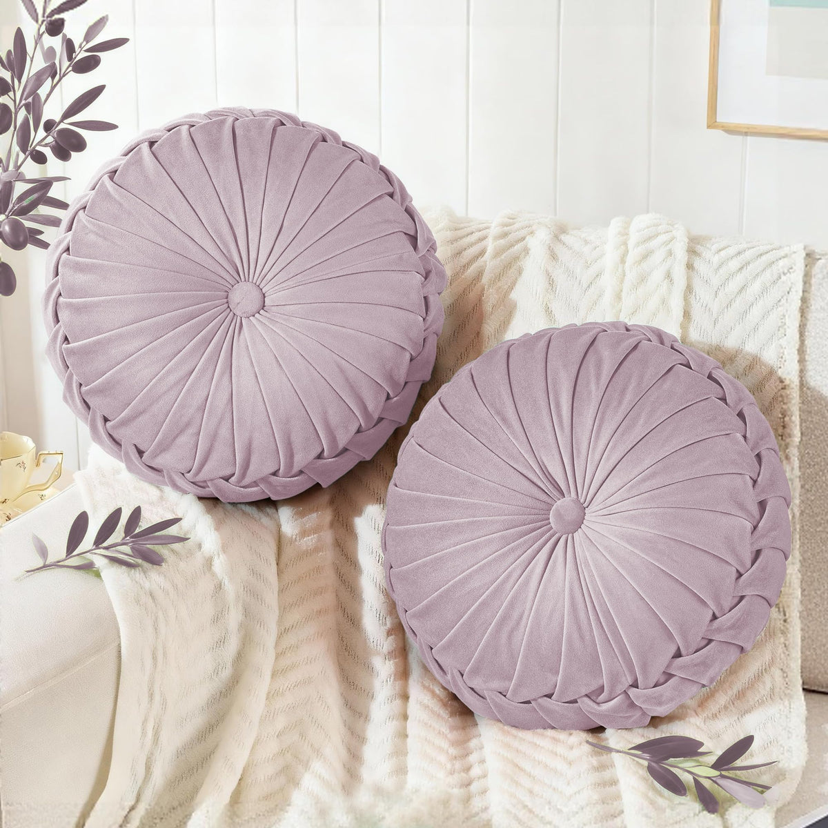 ROSE&RISY Round Pleated Velvet Throw Pillow, 1 Pack Decorative Accent Pumpkin Pillow Cushion for Couch Sofa Bed, Soft Plush Retro Vanity Throw Pillows for Home Decor, 14.5 Inch, Olive Green