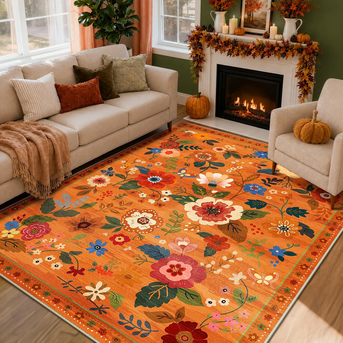 RELEANY Floral Washable 5x7 Area Rugs Black