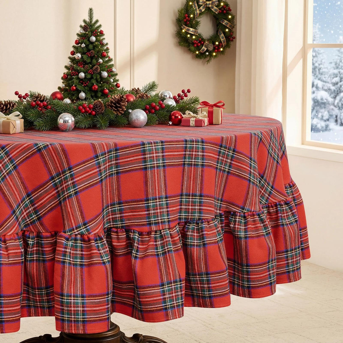 Romanstile Gingham Ruffled Tablecloth Rectangle, 60 x 84 Inch, Sage Green