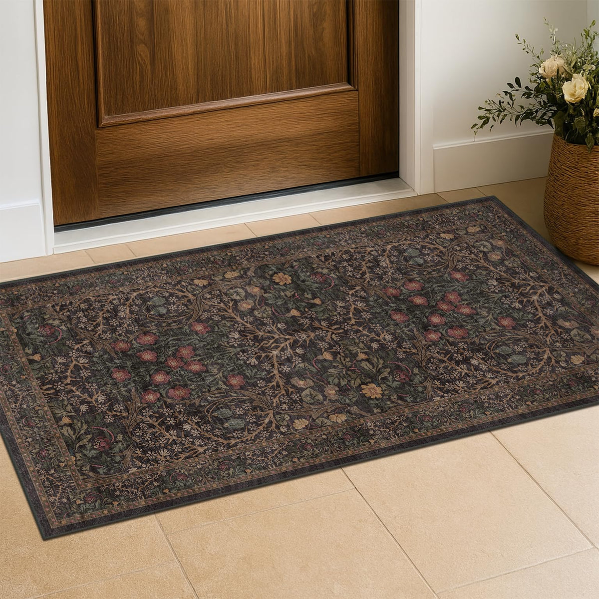 Vintage Floral Dark Green 3x5 Area Rugs for Entryway, Kitchen, Bedroom Beside Rug, Laundry Room, Non-Slip Low Pile Ultra Soft Stain Resistant Small Carpet