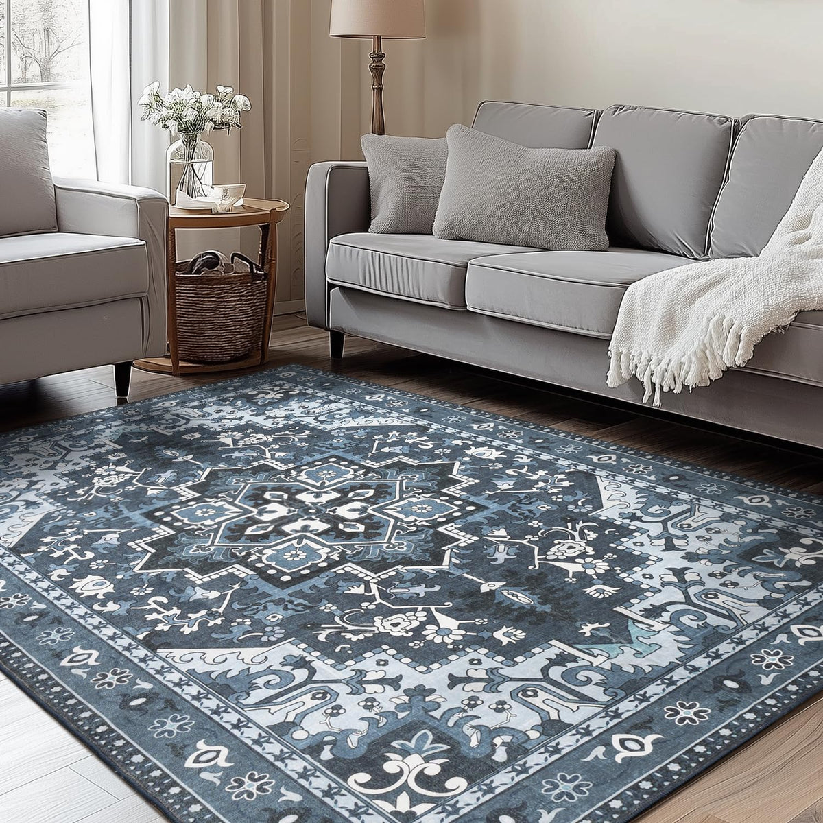 Rugflix 8x10 Area Rugs for Living Room, Washable Large Rug Stain-Resistant Low Pile, Modern Dark Carpet for Dining Room Home Office Kid Room Nursery Bedroom, Navy Blue/Black