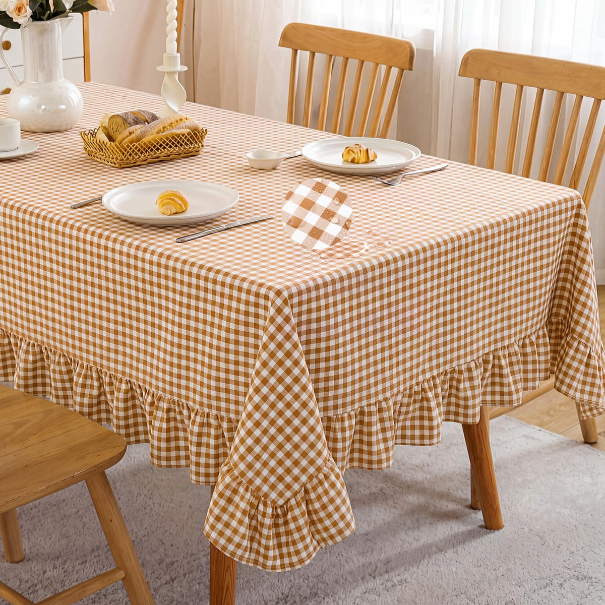 Mindsoft Brown Ruffled Gingham Tablecloth, 52 x 70 Inches, Rectangle