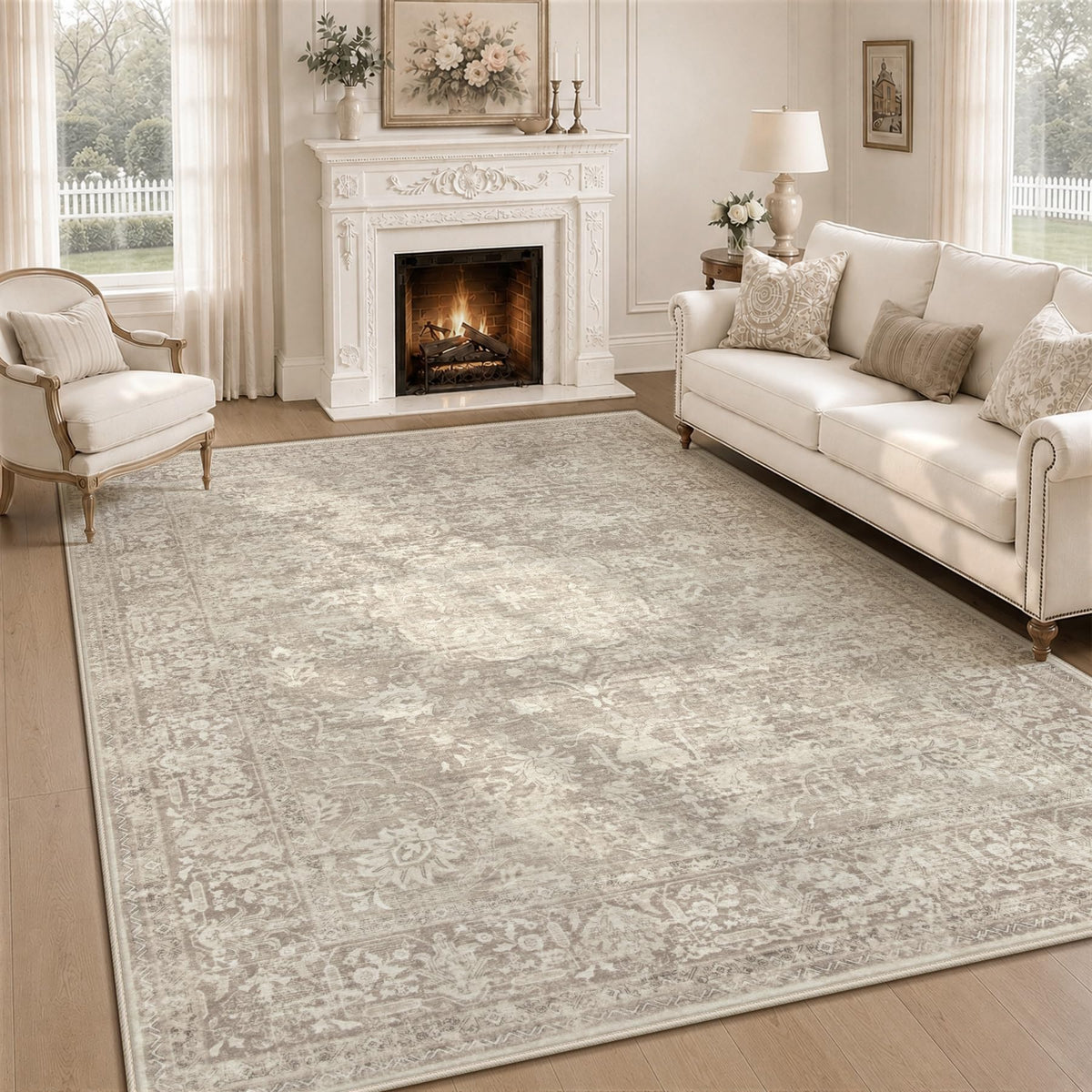 8x10 Area Rugs for Living Room: Washable Boho Vintage Floral Rug Large Soft Non-Slip Rugs Stain Resistant Low Pile Indoor Carpet for Bedroom Dining Room Nursery Home Office Beige