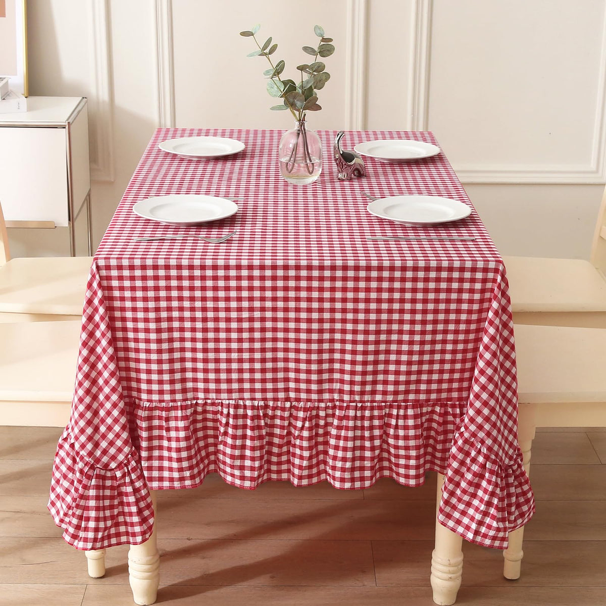 Blush White Gingham Ruffled Table Cloth Rectangular 120“x60”