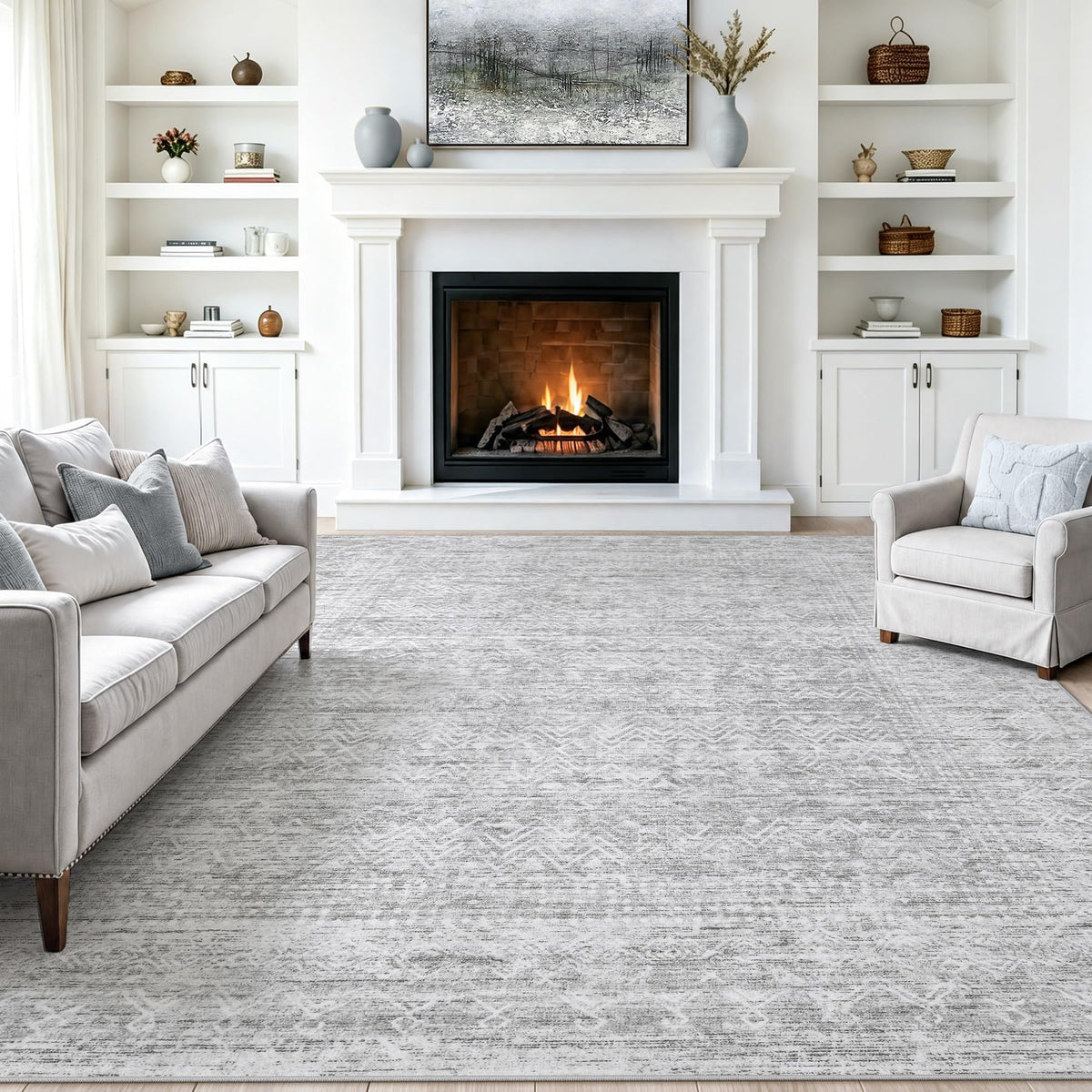 6x9 Area Rugs, Beige Washable Geometric Boho Rug for Living Room, Bedroom