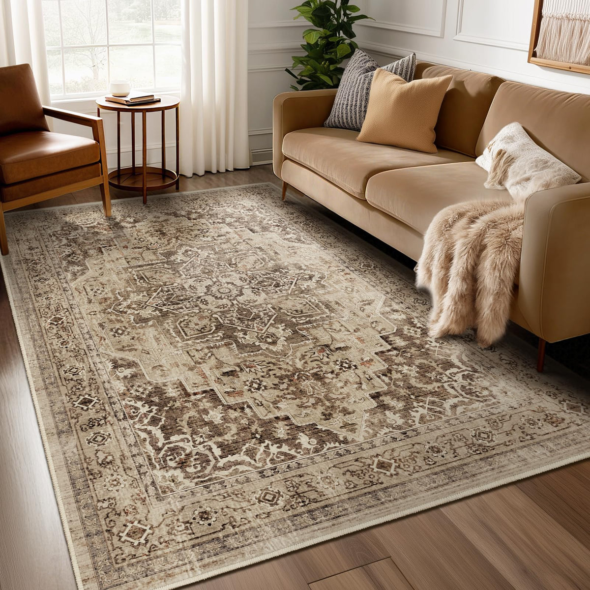 Vintage Dark Green Area Rugs 5x7 for Living Room, Tranditional Distressed Medallion Printed Low Pile Thin Rugs for Bedroom, Non Slip Washable Carpet Rugs for Dining Room/Kitchen/Home Office