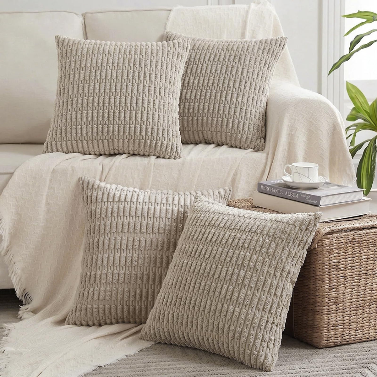 Fancy Homi 4 Packs Decorative Throw Pillow Covers for Living Room Couch Bed, Modern Farmhouse Boho Home Décor Accent Cushion Case, 18" x 18", Neutral