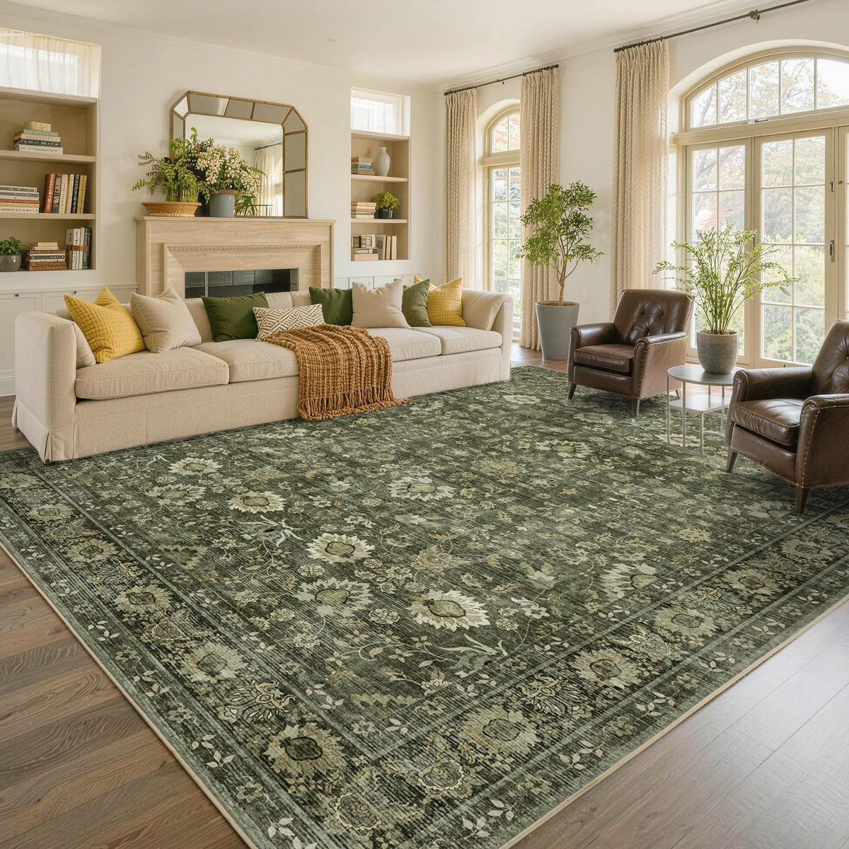 6x9 Ft Large Area Rugs for Living Room, Soft Non-Slip Machine Washable Rug, Vintage Stain Resistant Carpets for Bedroom Nursery Dining Room Home Decor (Beige)