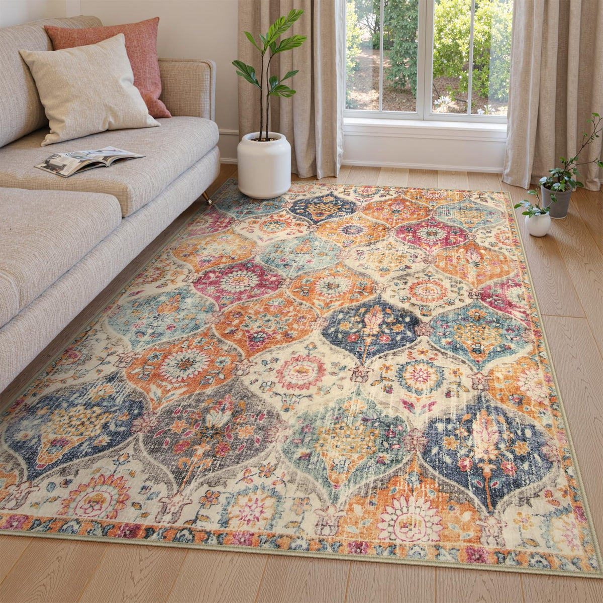 Lahome Moroccan Machine Washable Rugs for Living Room, 4x6 Rug for Bedroom