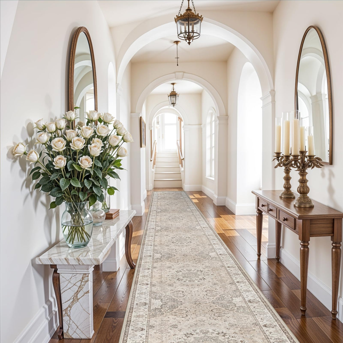 Hallway Washable Runner Rug - 2x10 Kitchen Rugs Entryway Rug Runner Vintage Soft Floor Mat Non Slip Indoor Farmhouse Carpet for Bathroom Living Room Bedroom (2 X 10, Beige)