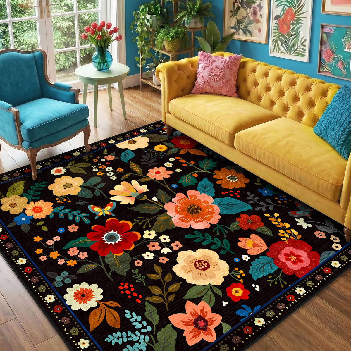 RELEANY Floral Washable 5x7 Area Rugs Black