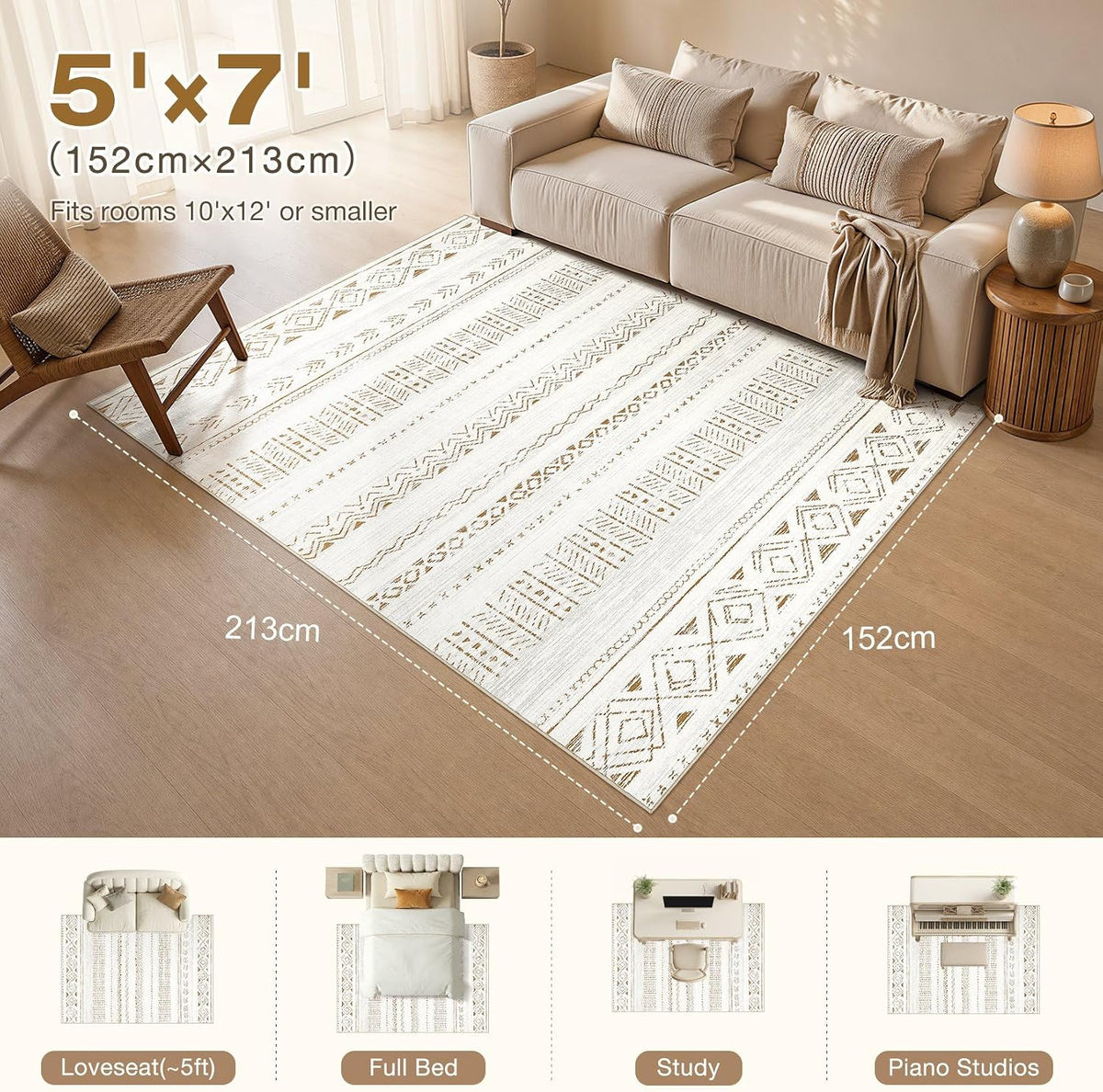 cotiled Boho 5x7 Area Rugs for Living Room: Soft Moroccan Washable Rug