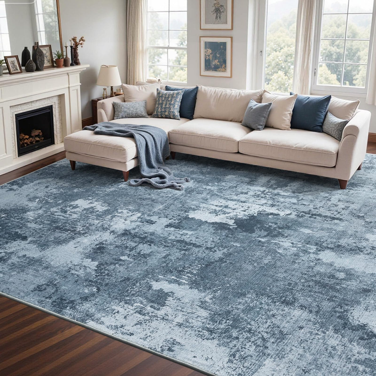 6x9 Ft Large Area Rugs for Living Room, Soft Non-Slip Washable Rugs Modern Abstract Pattern Carpet for Bedroom Indoor Floor Nursery Home Decor (Blue)