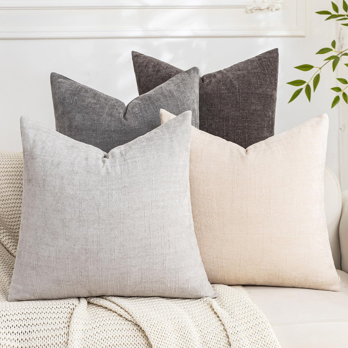 Set of 4 Soft Textured Throw Pillow Covers 18x18 Inch Cozy Decorative Farmhouse Cushion Cover Square Accent Pillow Cases for Bed Couch Sofa Living Room, Beige Taupe Brown
