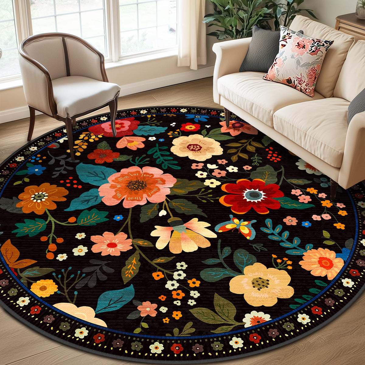 RELEANY Floral Washable 5x7 Area Rugs Black