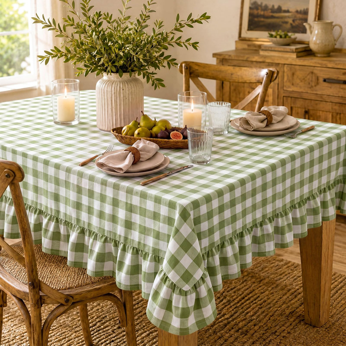 Mindsoft Brown Ruffled Gingham Tablecloth, 52 x 70 Inches, Rectangle