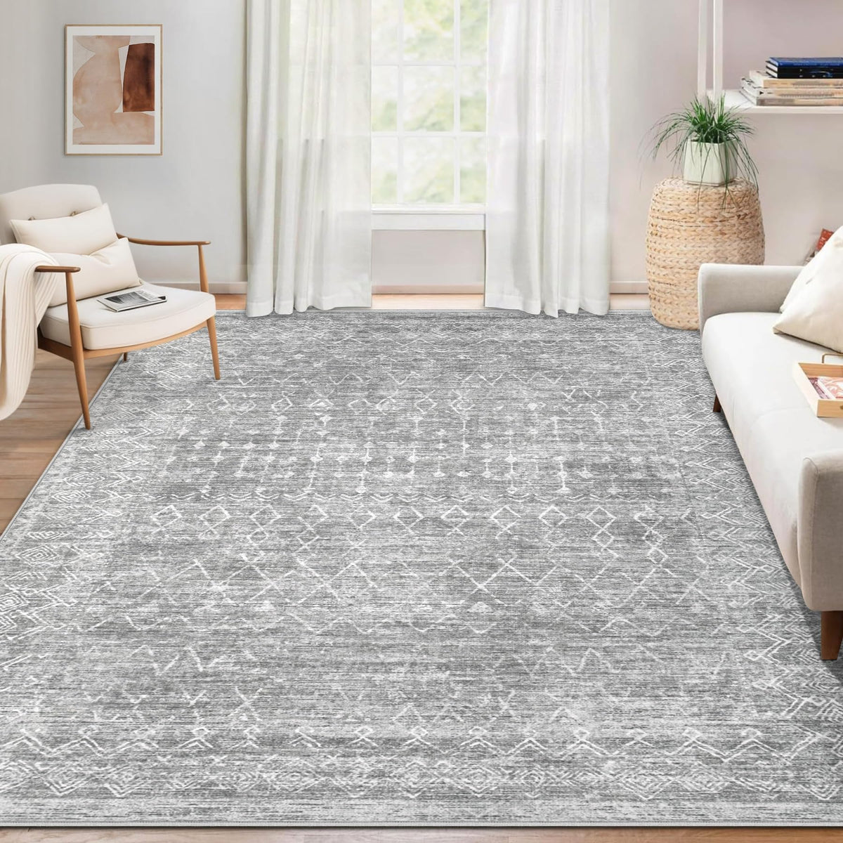 Area Rug for Living Room 6x9: Large Washable Boho Moroccan Rugs Geometric Neutral Rug, Non-Slip Foldable Morden Farmhouse Indoor Floor Carpet for Bedroom Dining Table Home(Brown Green,6'x9')