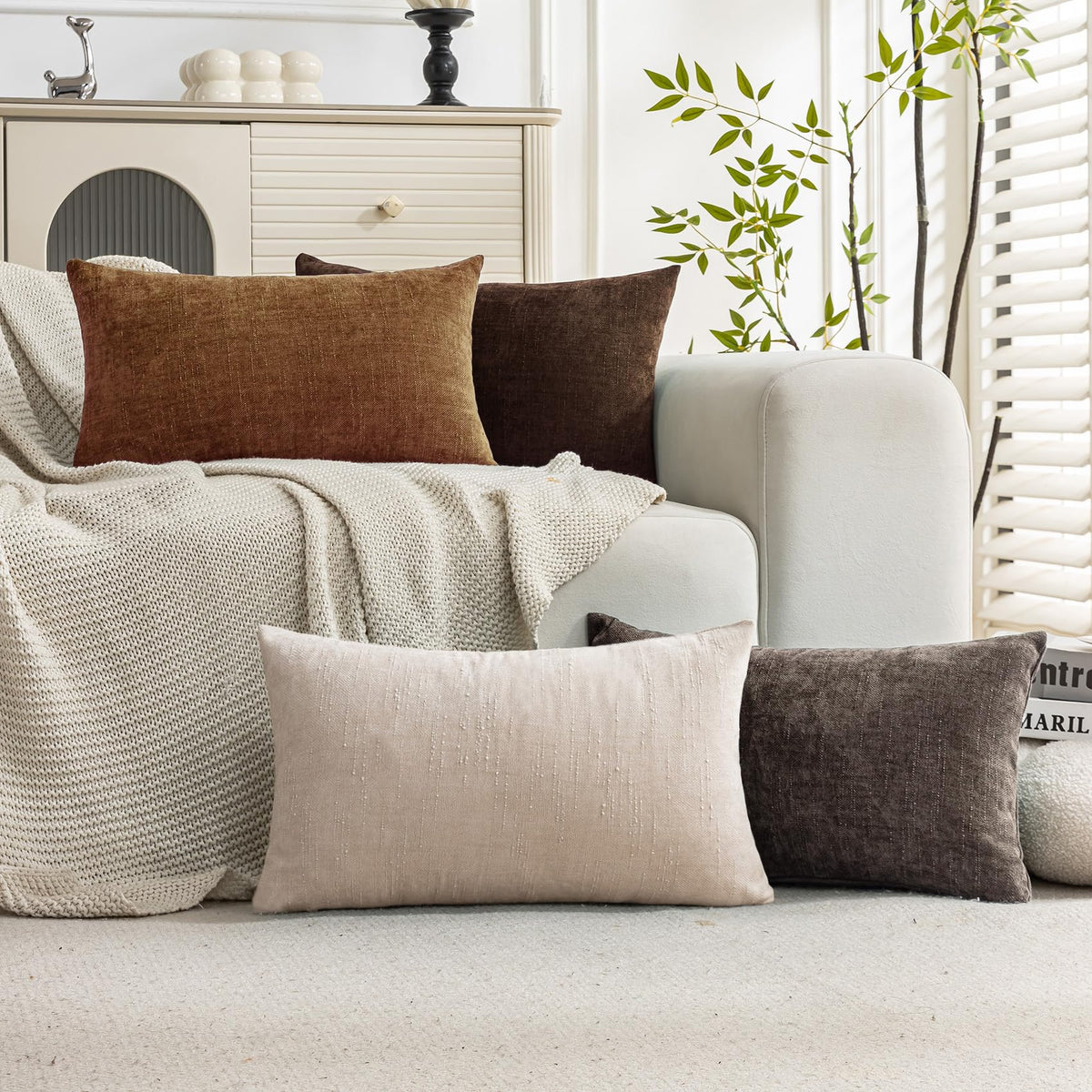 Set of 4 Soft Textured Throw Pillow Covers 18x18 Inch Cozy Decorative Farmhouse Cushion Cover Square Accent Pillow Cases for Bed Couch Sofa Living Room, Beige Taupe Brown