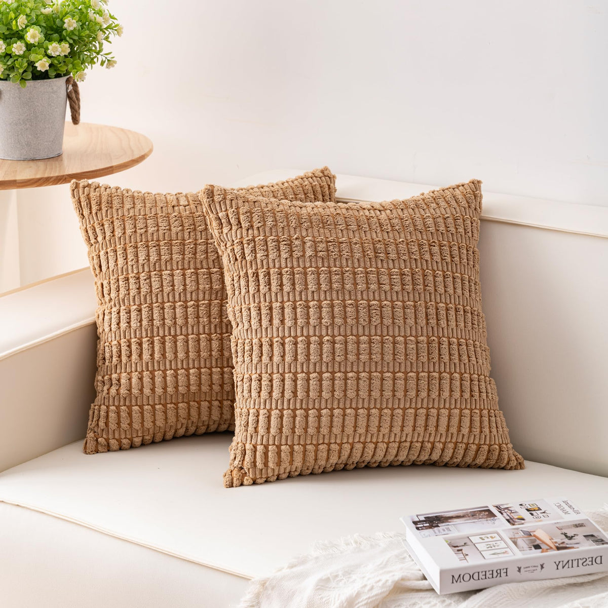 Pack of 2 Corduroy Decorative Throw Pillow Covers 18x18 Inch, Cream White