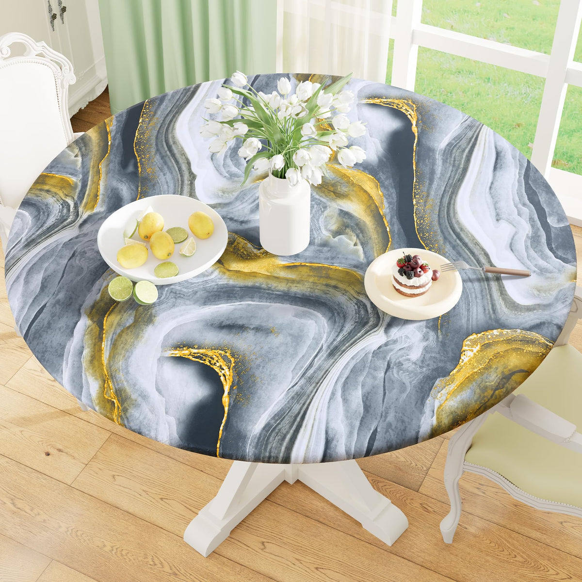 misaya Round Fitted Tablecloth with Elastic Edge, 100% Waterproof Oil Proof Plastic Table Cover, Vinyl Flannel Backed Tablecloth Fits 36"-44" Round Tables for Dinner, Outdoor, Picnic, Flowers