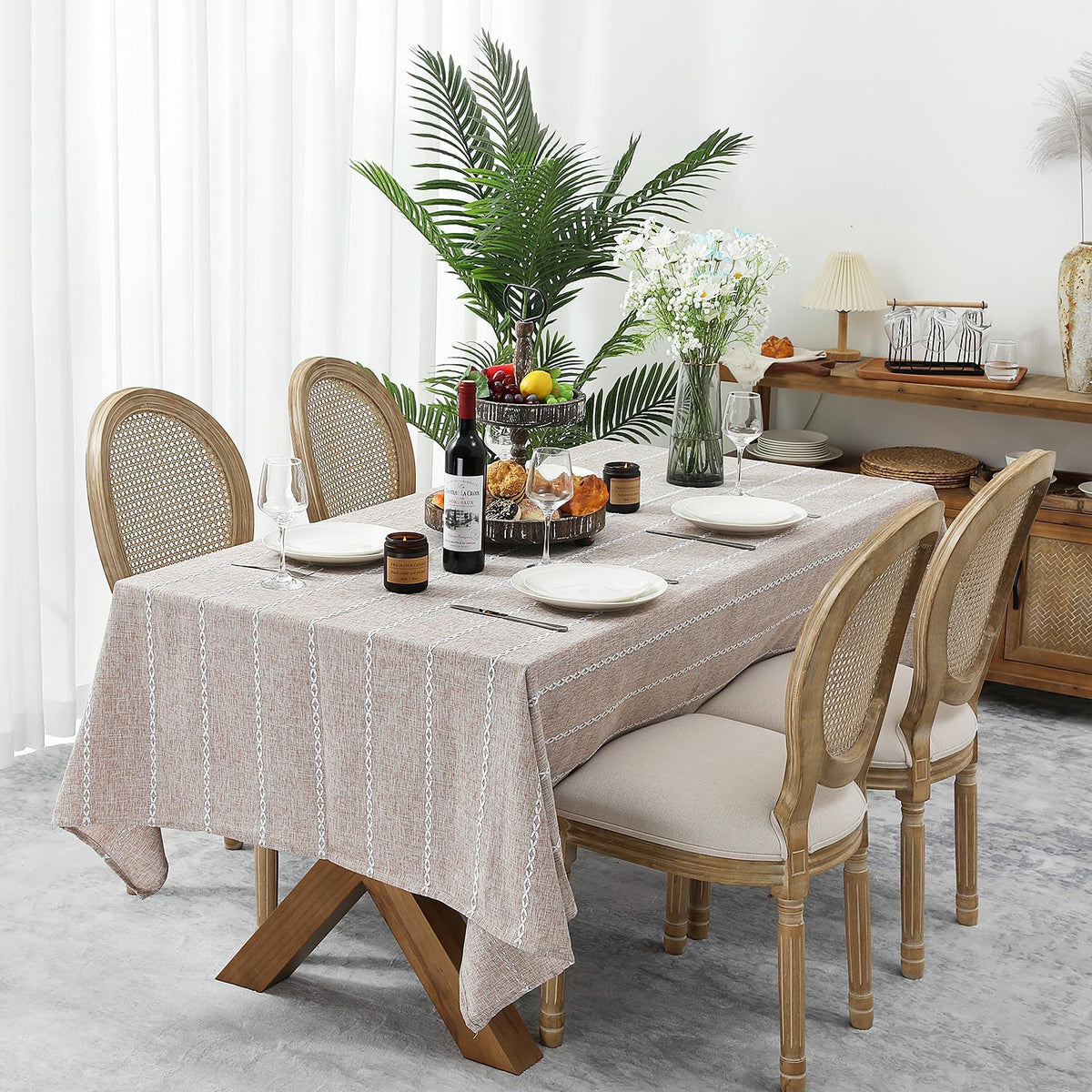 Chassic 60 x 84 inches Farmhouse Style Linen tablecloths, Wrinkle Resistant Washable Dining Room Table Cloths for Rectangle Tables - Hemstitch Light Coffee