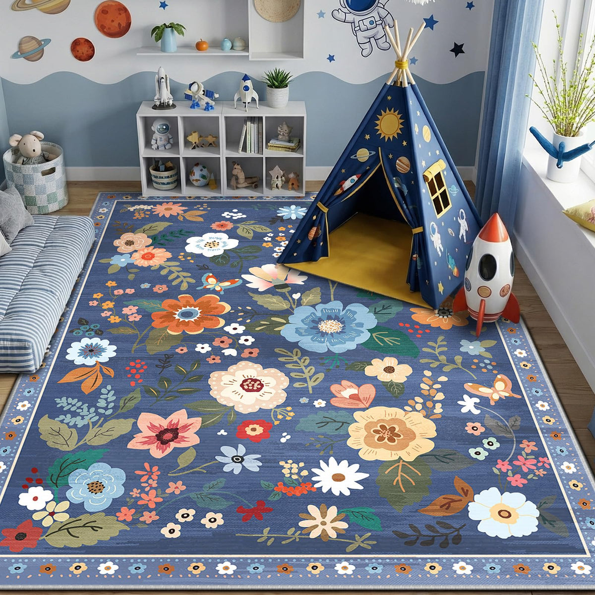 RELEANY Floral Washable 5x7 Area Rugs Black