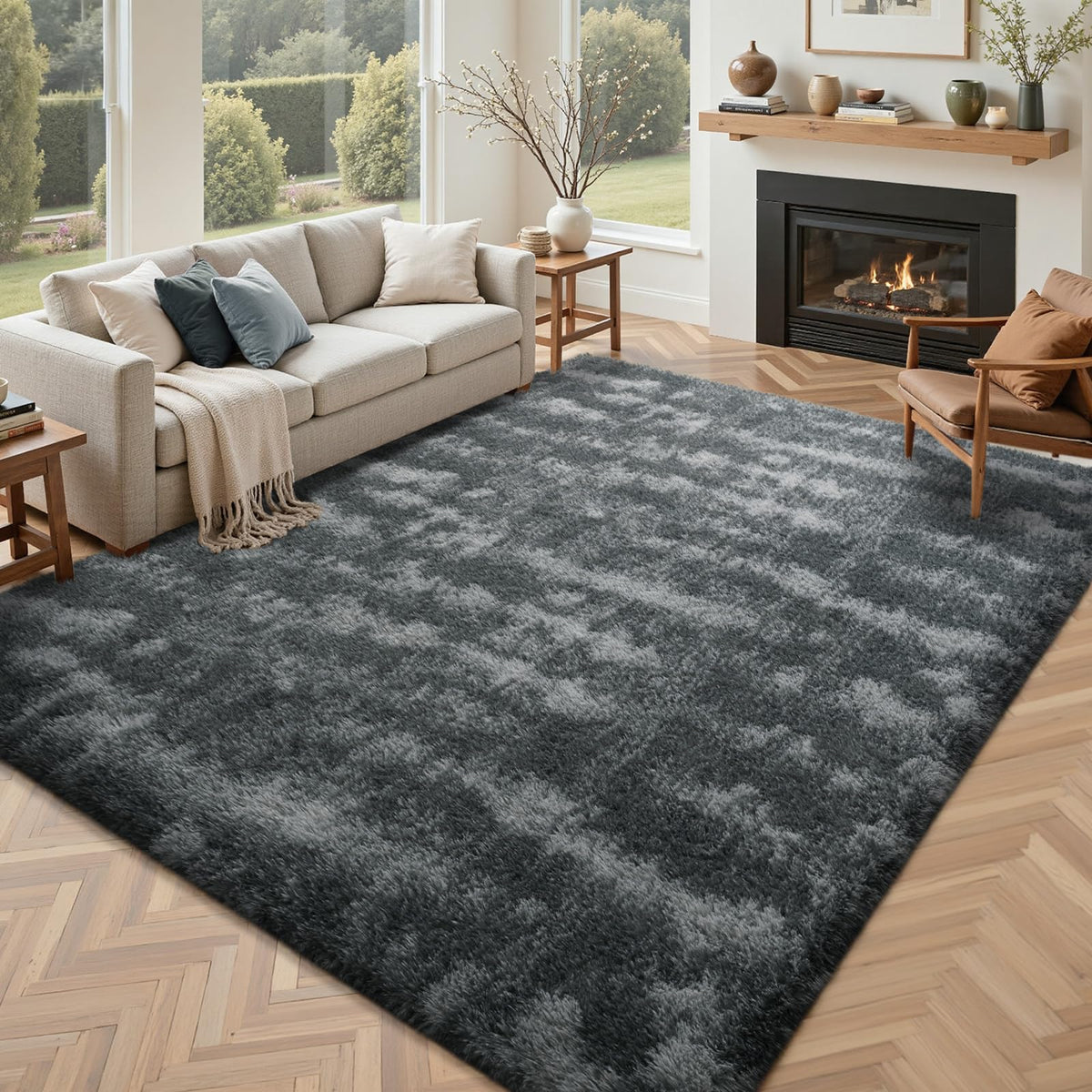 5x7 Black Area Rugs for Living Room, Large Fluffy Shag Bedroom Rugs Non-Slip, Ultra Soft Plush Carpet for Nursery Kids PlayRoom Dorm Office Indoor Modern Carpets