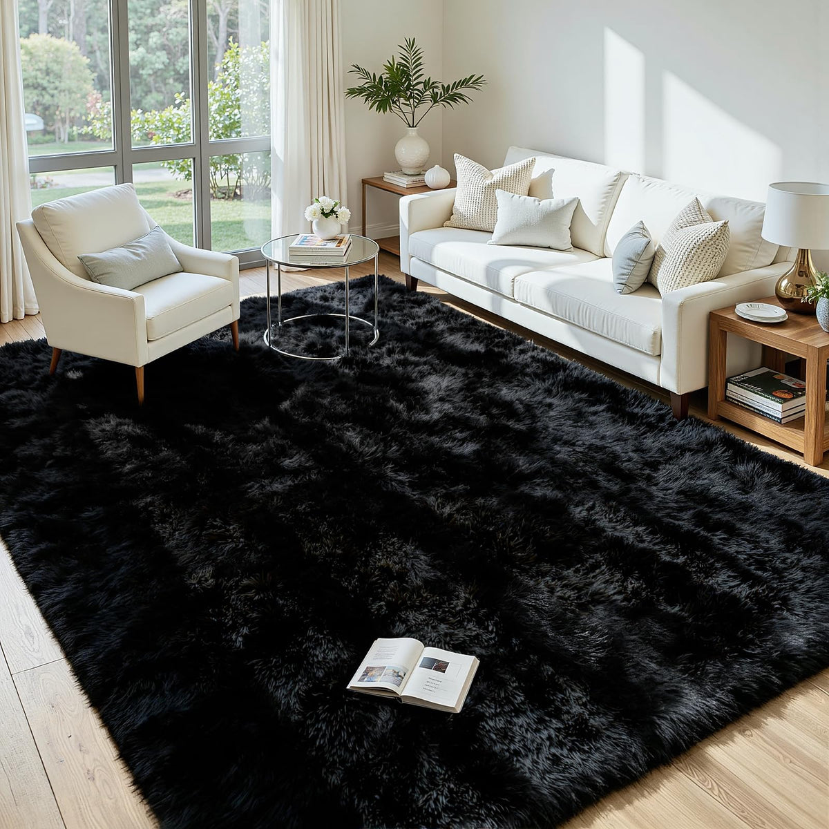 8x10 Fluffy Area Rug for Living Room: Soft Non-Slip Black Bedroom Carpet