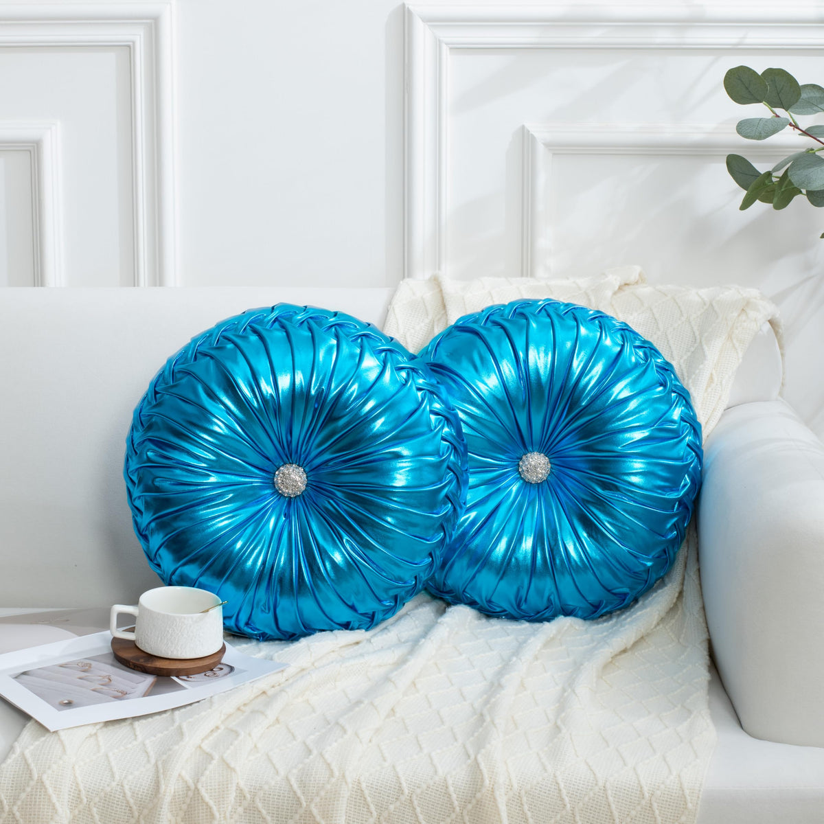 HIG Set of 2 Olive Velvet Decorative Round Pleated Throw Pillows